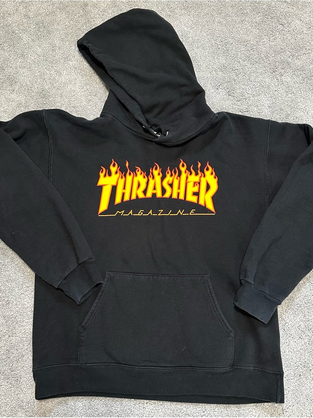 Thrasher Black Hoodie with Yellow & Orange Flame Logo